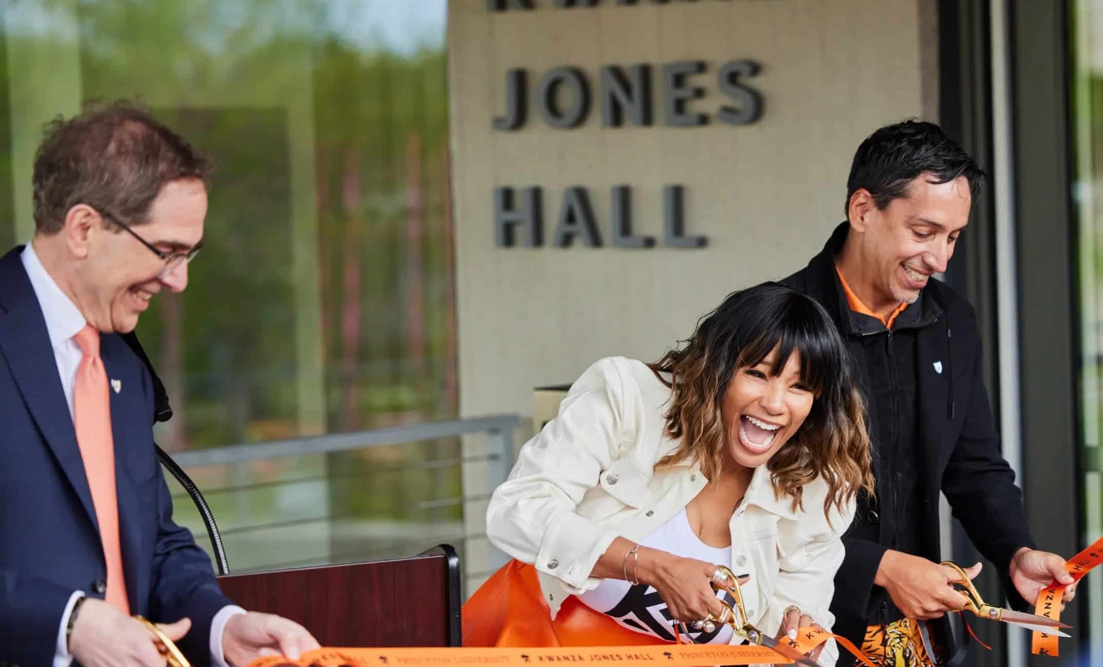From left, President Christopher Eisgruber ’83, Kwanza Jones ’93, and José E. Feliciano ’94 at the 2023 ribbon-cutting for the dorms that bear the latter two’s names.Courtesy of Kwanza Jones ’93 and José E. Feliciano ’94